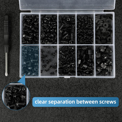 Top view of 400Pcs Computer Screws Assortment Kit with screwdriver and standoffs in a divided storage box.
