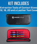 KR 260 3 Piece Extraction Tool Kit With Rugged Leather Case showing tools in red-lined open case