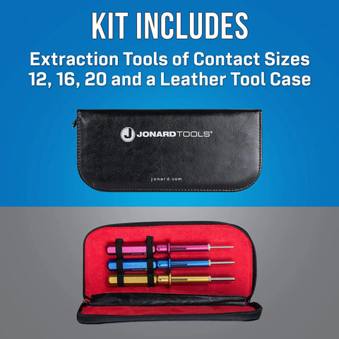 KR 260 3 Piece Extraction Tool Kit With Rugged Leather Case showing tools in red-lined open case