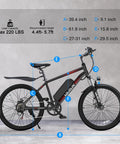 Dimensions and side view of Peak 500W Electric Bike For Adults With Removable Battery 20 MPH City Commuter Cruise