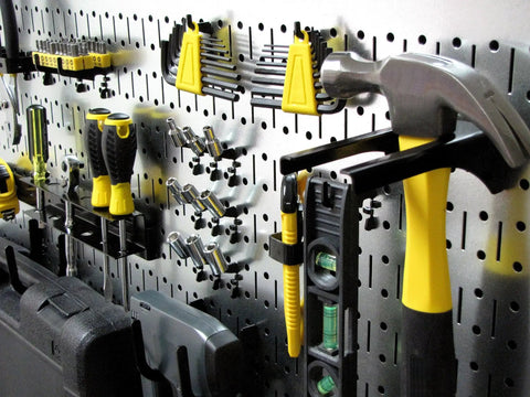 Extra Sturdy Galvanized Pegboard Tool Board Panel 16 By 32 Inches Horizontal Mount with tools organized on metal panel.