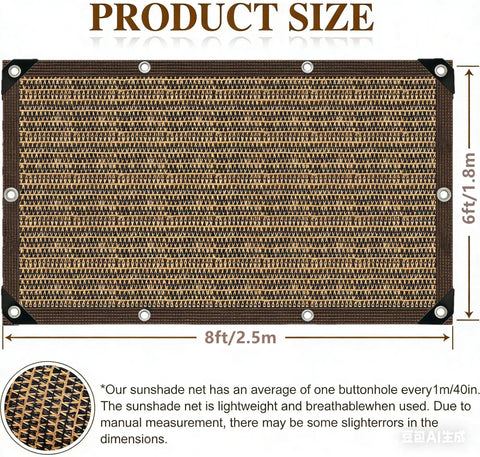 Image showing size dimensions of Mocha 90 Percent Outdoor Sun Shade For Patio 6 X 8 Ft Pergola Canopy with Grommets.