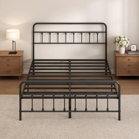 Zero Creak Full Size Metal Bed Frame With Heavy Duty Steel Construction Headboard And Footboard Ready in black, showcasing a streamlined design.