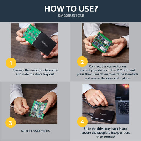 How to use Dual Slot M.2 Sata Raid Enclosure Usb 3.1 10Gbps with step-by-step instruction visuals.