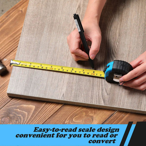 20 Pack Easy Read Measuring Tapes 12 Ft Retractable With Pause Button And Lock For Pros And DIYers, blue casing on wood