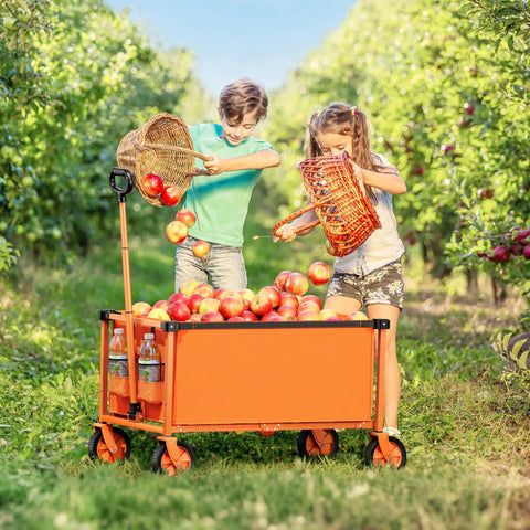 29.3 Inch Collapsible Wagon Cart With 150L Capacity And 260 Lb Load in orchard, kids loading apples, orange cart, outdoor use