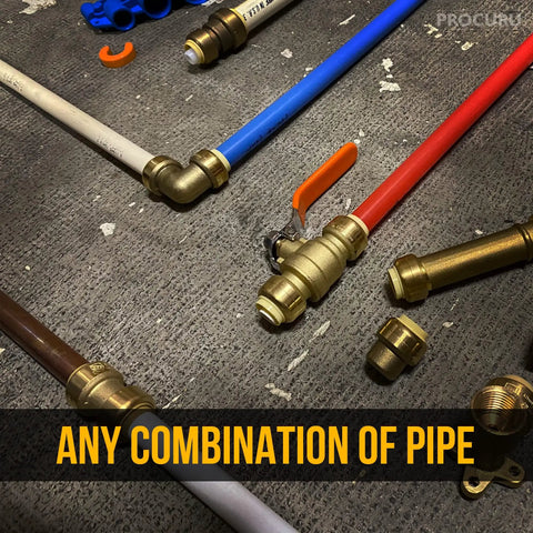 10 Pack Push To Connect Half-Inch 90 Degree Elbow Plumbing Brass Fitting For Copper PEX CPVC PE-RT Pipes on gray background