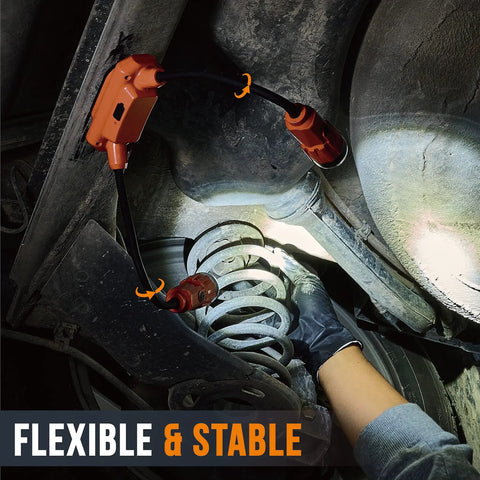 Hands Free Magnetic Mechanic Work Light With Two 320 Lumen Gooseneck Flashlights illuminating car undercarriage, bright orange