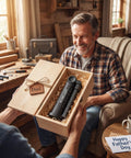 Man gifting a Six Pack Rechargeable LED Work Lights With Magnetic Base And 360 Degree Spin, five modes for car repairs, in wooden box.