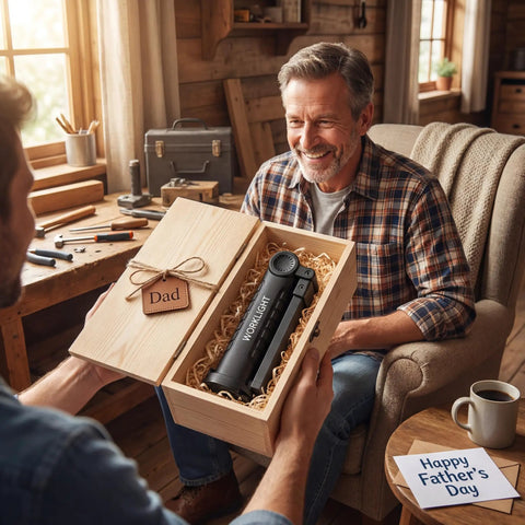 Man gifting a Six Pack Rechargeable LED Work Lights With Magnetic Base And 360 Degree Spin, five modes for car repairs, in wooden box.