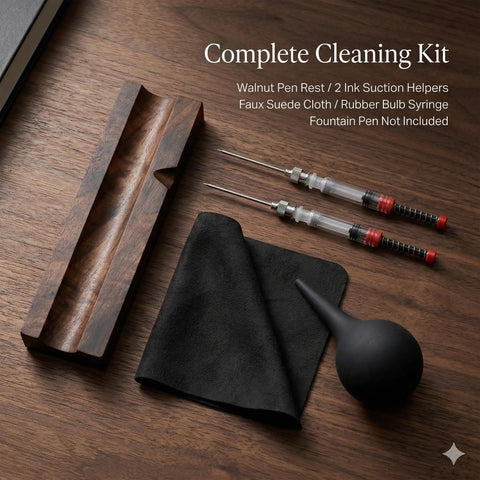 All In One Fountain Pen Care Kit With Black Walnut Pen Rest Two Ink Filling Tools Premium Cleaning Cloth And Rubber Cleaning Bulb