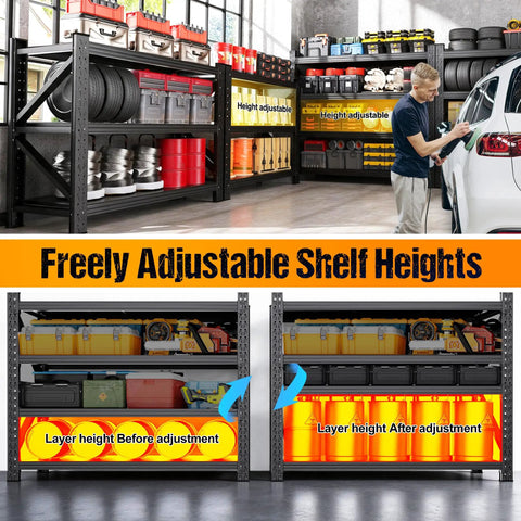 Heavy Duty Metal Garage Shelving Unit With Fully Adjustable Shelves, displayed with adjustable shelf heights in a garage setting.
