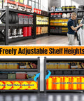 Built Tough Heavy Duty Garage Shelving Unit With Adjustable Steel Tiers holding tools and bins in adjustable heights.