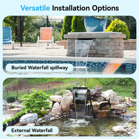 Easy Install Pond Waterfall Spillway Kit With 660 GPH Pump shown in garden and pool settings with water flowing
