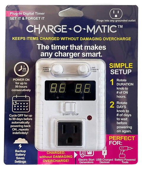 Front view of Battery Charger Timer With Set It And Forget It Dial System For Off Up To 99 Days And On For 1 To 99 Hours.