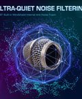 Golden XLR Wired Vocal Microphone for Singing, close-up of metal mesh windscreen showcasing ultra-quiet noise filtering feature.