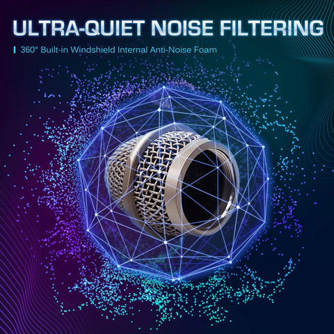 Golden XLR Wired Vocal Microphone for Singing, close-up of metal mesh windscreen showcasing ultra-quiet noise filtering feature.