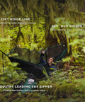 Person relaxing in All In One Camping Hammock Kit With Bug Net And Rain Fly For Easy Setup Pro Grade Ripstop Nylon in forest
