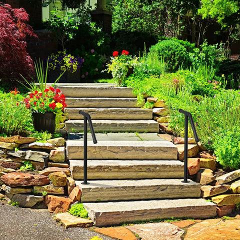 Heavy Duty Wrought Iron Stair Railing Handrails For Outdoor Steps Single Post Design With Black Powder Coat Finish Built Tough For A Dead Simple Setup And Secure Grip Safety Support Set Of 2 on garden steps.