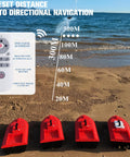 Four red High Speed RC Saltwater Bait Boats on beach, showing remote control and GPS auto-return feature.