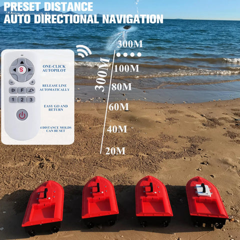 Four red High Speed RC Saltwater Bait Boats on beach, showing remote control and GPS auto-return feature.