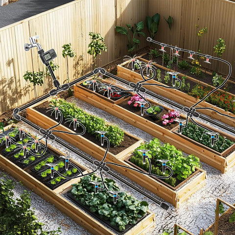 233-Foot Drip Irrigation System Kit with Timer installed in raised garden beds