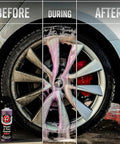 Wheel And Tire Cleaner Gallon All In One Car Wash For Wheels And Rims Safe On Most Rim Finishes Eliminates Dirt Browning And Brake Dust Ideal For Detailed Car Maintenance, demonstrating before, during, and after cleaning stages.