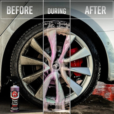 Wheel And Tire Cleaner Gallon All In One Car Wash For Wheels And Rims Safe On Most Rim Finishes Eliminates Dirt Browning And Brake Dust Ideal For Detailed Car Maintenance, demonstrating before, during, and after cleaning stages.