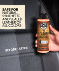 Dime Quality Nine Piece Leather Cleaner And Conditioner Kit For Car Interiors With Soft Microfiber Towel display on leather seat.