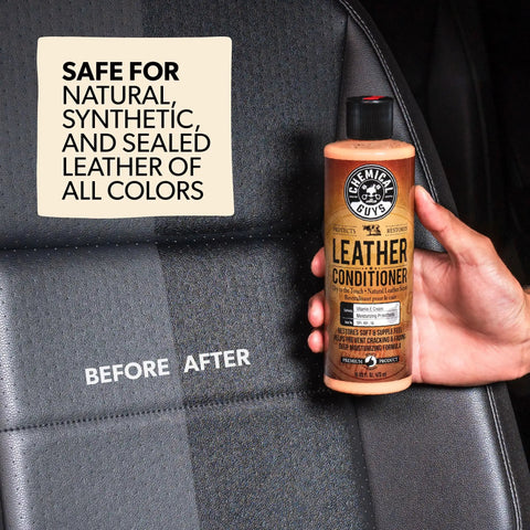 Dime Quality Nine Piece Leather Cleaner And Conditioner Kit For Car Interiors With Soft Microfiber Towel display on leather seat.