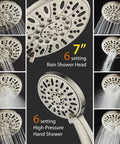 Premium 7 Inch High Pressure Three Way Rainfall Shower Head Set With Stainless Steel Hose And Handheld Six Setting Spa Shower Separate Or Combined Use Brushed Nickel Finish, close-up showing water features