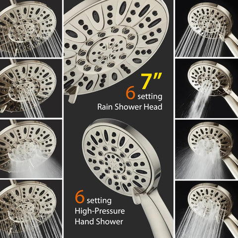 Premium 7 Inch High Pressure Three Way Rainfall Shower Head Set With Stainless Steel Hose And Handheld Six Setting Spa Shower Separate Or Combined Use Brushed Nickel Finish, close-up showing water features