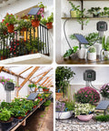 Collage of 3W Solar Drip Irrigation System with Digital Programmable Smart Watering Kit and 2200mAh Battery for 15 Potted Plants Indoors or Outdoors No Fuss Setup Auto Solar Power and Battery Backup in gardens and patios