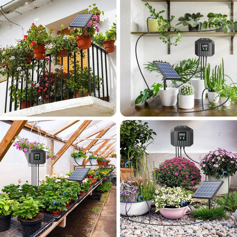 Collage of 3W Solar Drip Irrigation System with Digital Programmable Smart Watering Kit and 2200mAh Battery for 15 Potted Plants Indoors or Outdoors No Fuss Setup Auto Solar Power and Battery Backup in gardens and patios