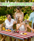 Group enjoying picnic with American Flag Picnic Table Cover Set With Elastic Waterproof Bench Covers For Outdoor Use Fits 72x30 Table And 72x12 Benches Easy To Pack And Store RV Camping Travel Essentials Keeps Your Picnic Gear Dry And Proud