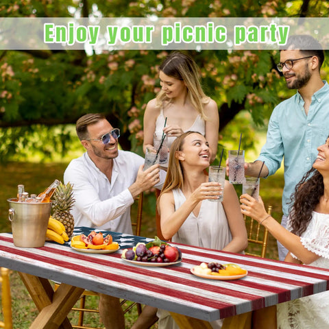Group enjoying picnic with American Flag Picnic Table Cover Set With Elastic Waterproof Bench Covers For Outdoor Use Fits 72x30 Table And 72x12 Benches Easy To Pack And Store RV Camping Travel Essentials Keeps Your Picnic Gear Dry And Proud