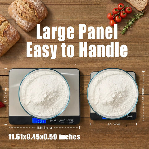 Big Ol Digital Kitchen Scale 44Lb/20Kg With 1g/0.1oz Precision, showing large platform with flour in bowl, on wooden surface