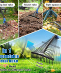 Adjustable Metal Leaf Rake With Expandable 8 To 17 Inch Head And 45 Inch Collapsible Heavy Duty Handle for easy yard cleanup