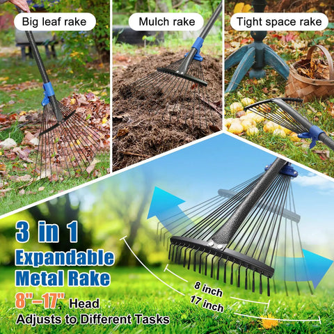 Adjustable Metal Leaf Rake With Expandable 8 To 17 Inch Head And 45 Inch Collapsible Heavy Duty Handle for easy yard cleanup