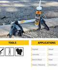 Hybrid Self Leveling Sealant Black For Concrete Asphalt Brick Stone And Masonry, tube with caulking gun on concrete surface