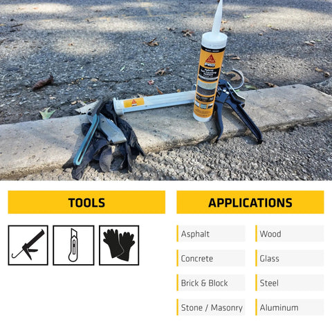 Hybrid Self Leveling Sealant Black For Concrete Asphalt Brick Stone And Masonry, tube with caulking gun on concrete surface