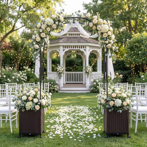 Metal Garden Arch Trellis Arbor With Two Self Watering Planter Boxes for wedding ceremony in garden setting