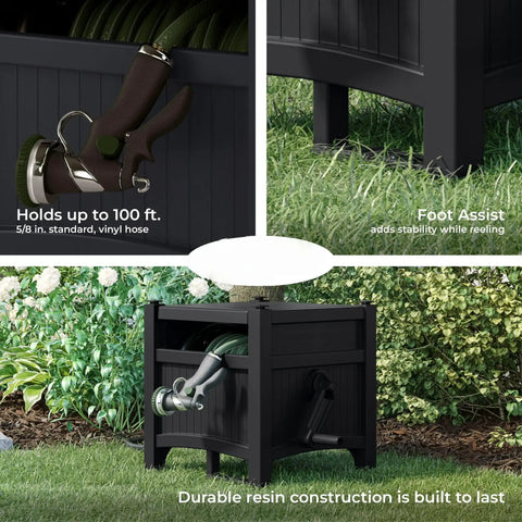 Hideaway Garden Hose Box With Reel 100Ft Durable Resin Outdoor Storage for backyard with foot assist and hose holder.