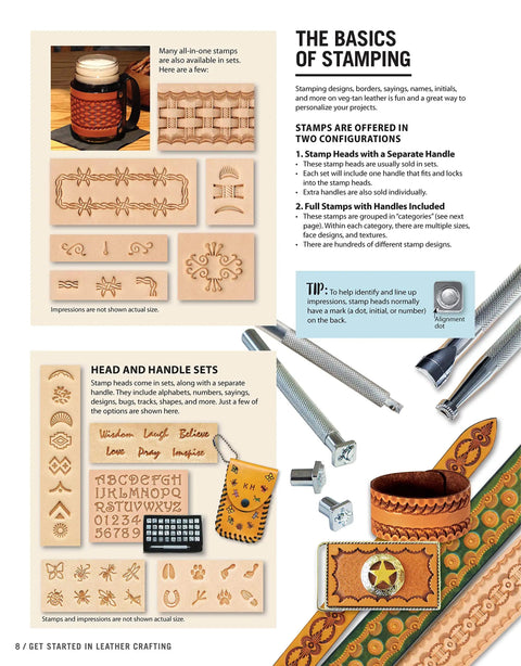 Page showing basics of stamping with leather, including stamps, tools, and techniques from Leather Crafting Starter Guide With Step By Step Techniques For Beginners Includes Pattern Prep Tools Stamps Embossing Stitching Braiding Finishes And Project Ideas To Kickstart Your Handmade Leather Journey.