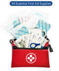 Front view of red zippered first aid kit with white cross; opened to reveal bandages, alcohol pads, and scissors.