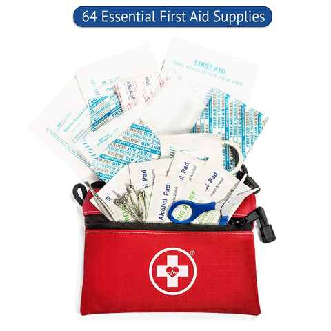 2 In 1 First Aid Kit For Car Travel And Home With 64 Piece Medical Supplies And 25 Pack Bonus Mini Kit open with supplies visible