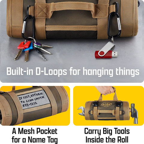 Image of Roll Up Tool Bag Organizer For Dad Heavy Duty Motorcycle Tool Roll Bag With Detachable Pouches featuring built-in D-loops for hanging items, mesh pocket, and carrying tools inside the roll.