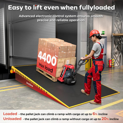 Heavy Duty Electric Pallet Jack Truck With 4400 Lb Capacity Featuring Extra 48V Lithium Battery For Quick Charging and Nonstop Warehouse Hustle Plus Powered Walkie Drive And Huge Forks loading boxes on incline ramp.