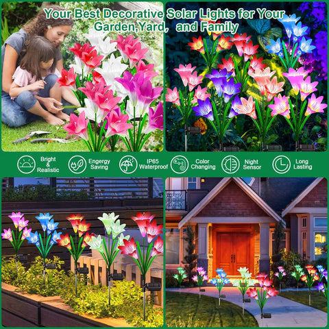 Lit Seven Color Changing Solar Lily Garden Lights With 24 LED Petals, Upgraded Monocrystalline Panel in garden setting, 6 pack