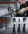 Heavy Duty 18V Electric Pipe Crimper With 60KN Force high carbon steel tool shown in use on pipes in tight spaces.